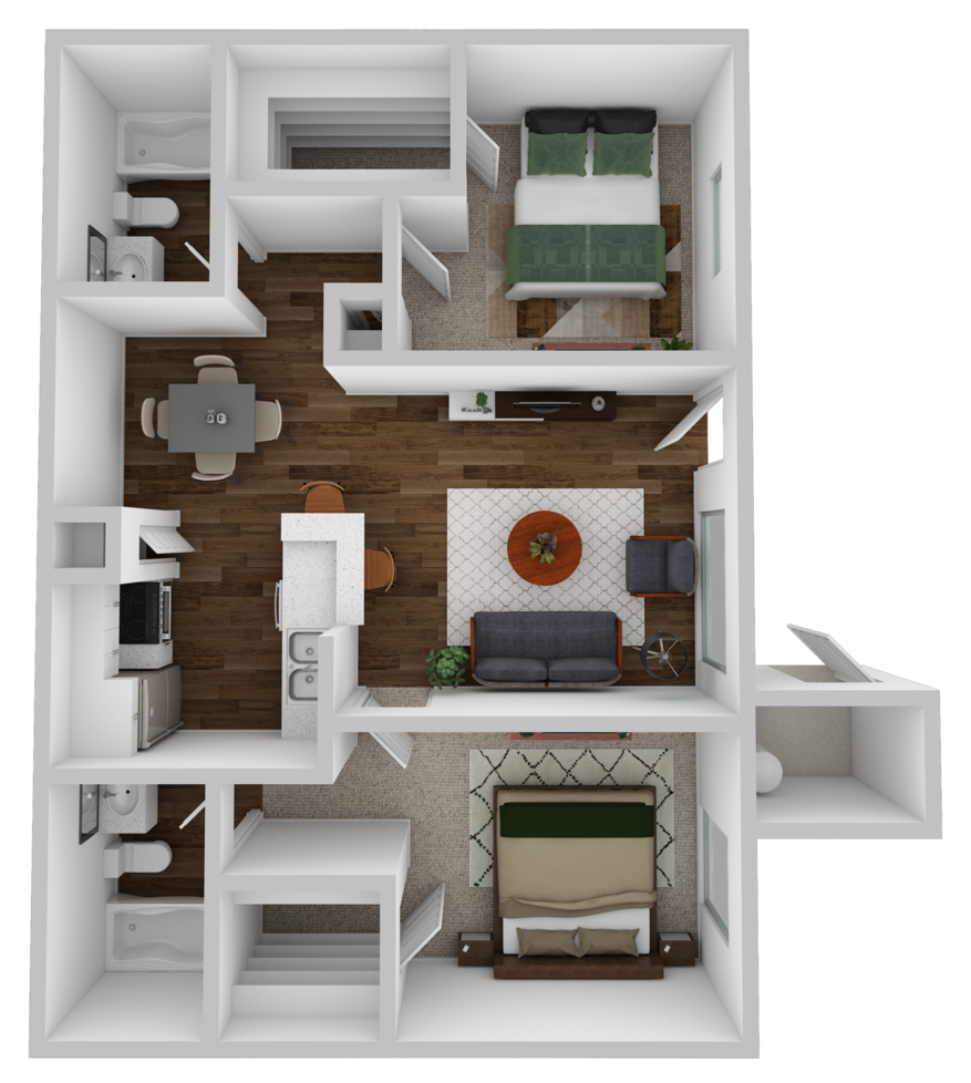 Floor plan for 2 beds, 2 baths, 920 sqft